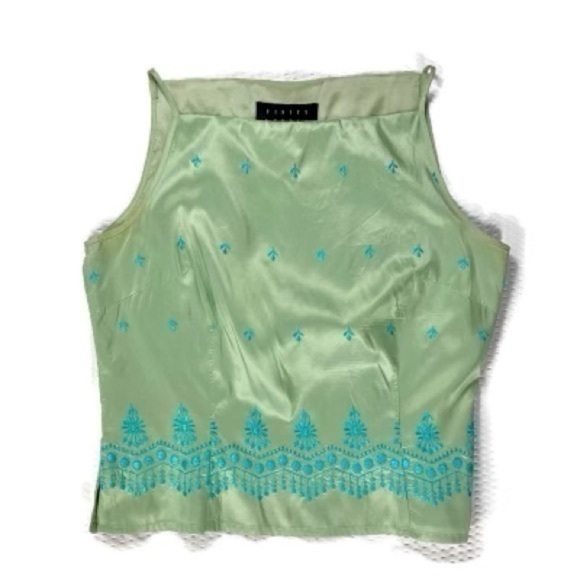 Finity Studio 2 Piece Skirt Top Set Womens 10 Sage Green 100% Silk Embroidered - Picture 3 of 12